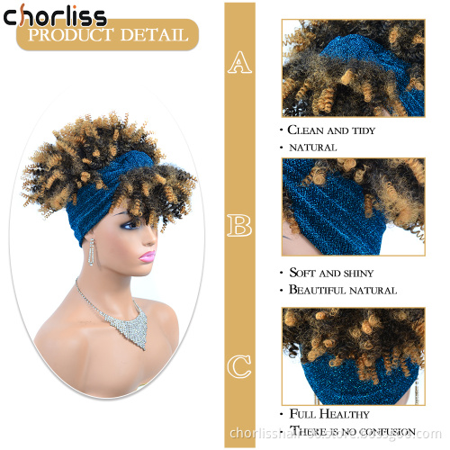 Wholesale Cheap Short Ombre Kinky Curly Fluffy Turban Wigs Wrap Heat Resistant Afro Synthetic Headband Attached Wigs For Women